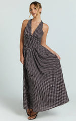 Abby Midi Dress - Sleeveless V-Neckline Dress in Chocolate Polkadot