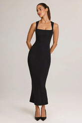 Modal Square-Neck Bodycon Midi Dress in Black