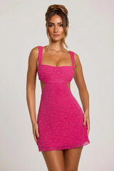 Embellished Cut Out Mini Dress in Fuschia