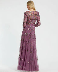Purple Long Sleeve High Neck Beaded Gown