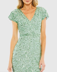 Green Sequined Cap Sleeve Wrap Over Cocktail Dress