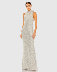 Sequined Soft Tie Halter Neck Column Gown