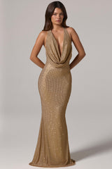 Embellished Cowl-Neck Backless Gown in Gold
