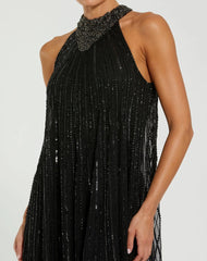 Black Sleeveless Halter Embellished Trapeze Gown