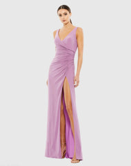 Purple Ruched Stretch Jersey V-Neck Gown