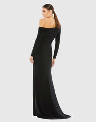 Black Drop Shoulder Long Sleeve Column Gown