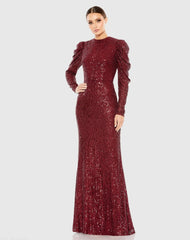 Red Sequined High Neck Puff Long Sleeve Column Gown