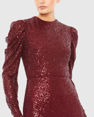 Red Sequined High Neck Puff Long Sleeve Column Gown