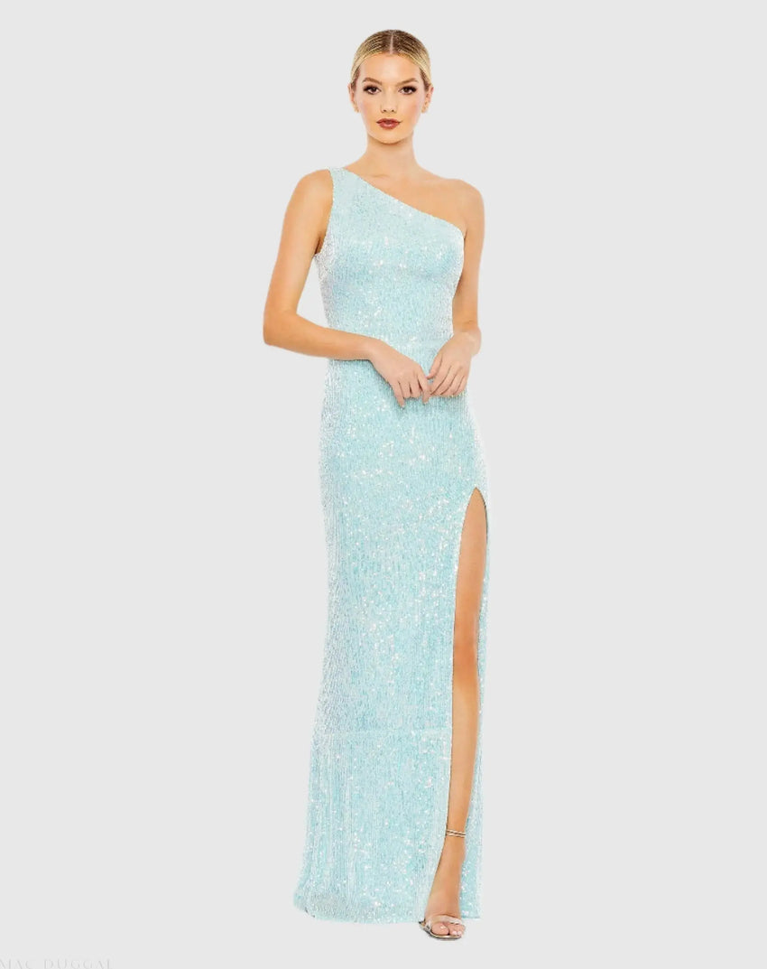 Blue Sequined One Shoulder Draped Back Gown