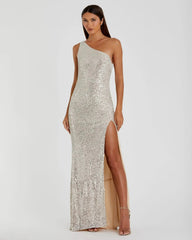 Silver Sequined One Shoulder Draped Back Gown