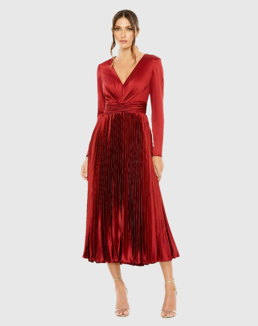 Deep Red Pleated Long Sleeve V-Neck Dress