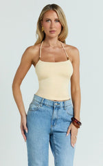 Abbey Top - Beaded Halter Neck Top in Pastel Yellow