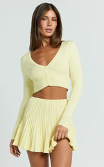 Naomi Two Piece Set - Contrast Knit Button Up Long Sleeve And Pleated Mini Skirt in Lemon