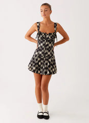 Tuni Cotton Mini Dress - Taupe Check