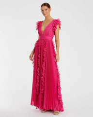 Pink Pleated Ruffle Cap Sleeve Flowy A Line Gown