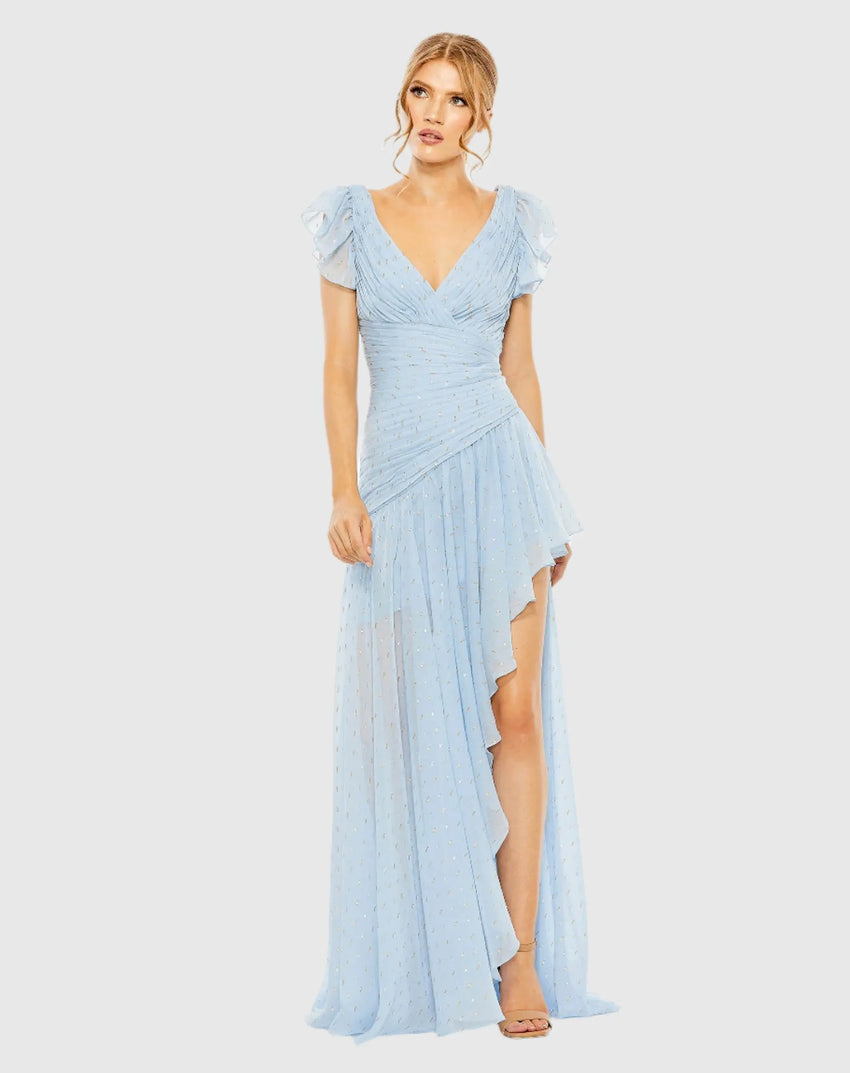 Blue Asymmetrical Ruched Gown With Flutter Sleeves