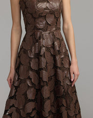 Brown Strapless Floral Leather A-Line Midi Dress
