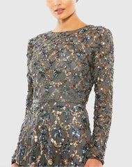 Gray Embellished Illusion High Neck Long Sleeve A Line Gown