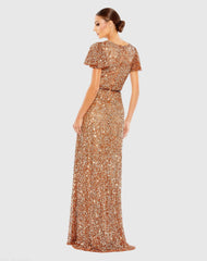 Copper Sequined Wrap Over Butterfly Sleeve Draped Gown