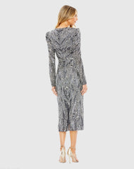 Silver Long Sleeve V Neck Beaded Cocktail Dress
