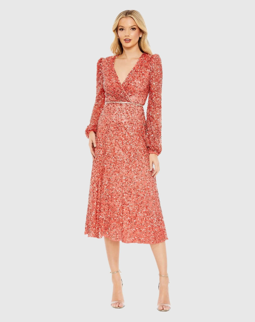 Red Sequined Puff Sleeve Wrap Over A Line Dress