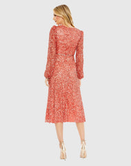 Red Sequined Puff Sleeve Wrap Over A Line Dress