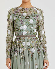Green Sequined Floral Long Sleeve High Neck Midi Dress