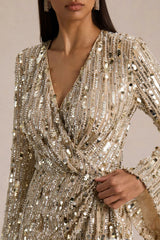 Carmina | Gold Sequin Plunge-Neck Wrap Mini Dress With Sash Detail