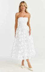 Rheiva Midi Dress - Strapless 3D Embroidery Midi Dress in White