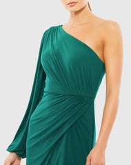 Green One Shoulder Puff Sleeve Faux Wrap Gown
