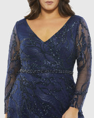 Navy Embellished Illusion Long Sleeve V-Neck A-Line Gown (Plus)