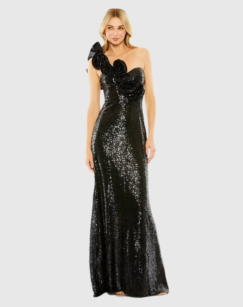 Black Sequin Ruffled One Shoulder Gown