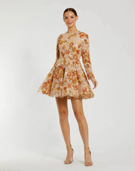 High Neck Long Sleeve Sequin A Line Mini Dress