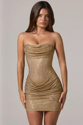 Embellished Bandeau Cowl-Waist Mini Dress in Gold