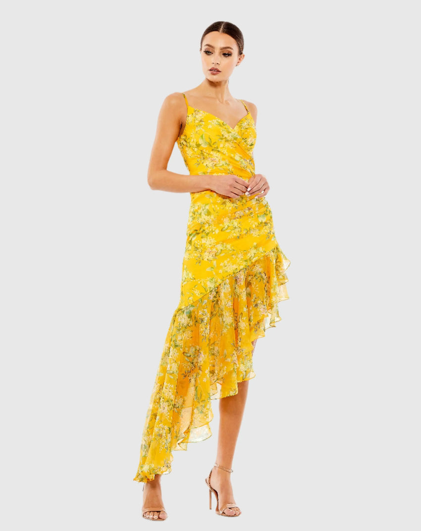 Yellow Floral Chiffon Hi-Low Ruffle Gown