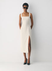 Squareneck matte satin dress with thigh slit