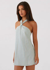 Keira Linen Micro Mini Dress - Blue Choc Stripe