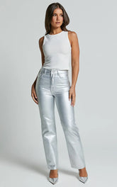 Addison Jeans - High Waisted Metallic Jeans in Silver