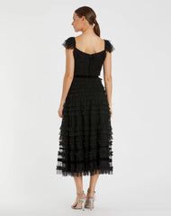 Black Ruffle Cap Sleeve Tiered Midi Dress