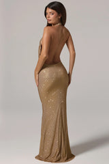 Embellished Cowl-Neck Backless Gown in Gold