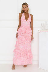 Tropical Bloom Halter Tiered Maxi Dress Pink