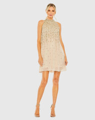 High Neck Sleeveless Sequin Embellished Trapeze Dress