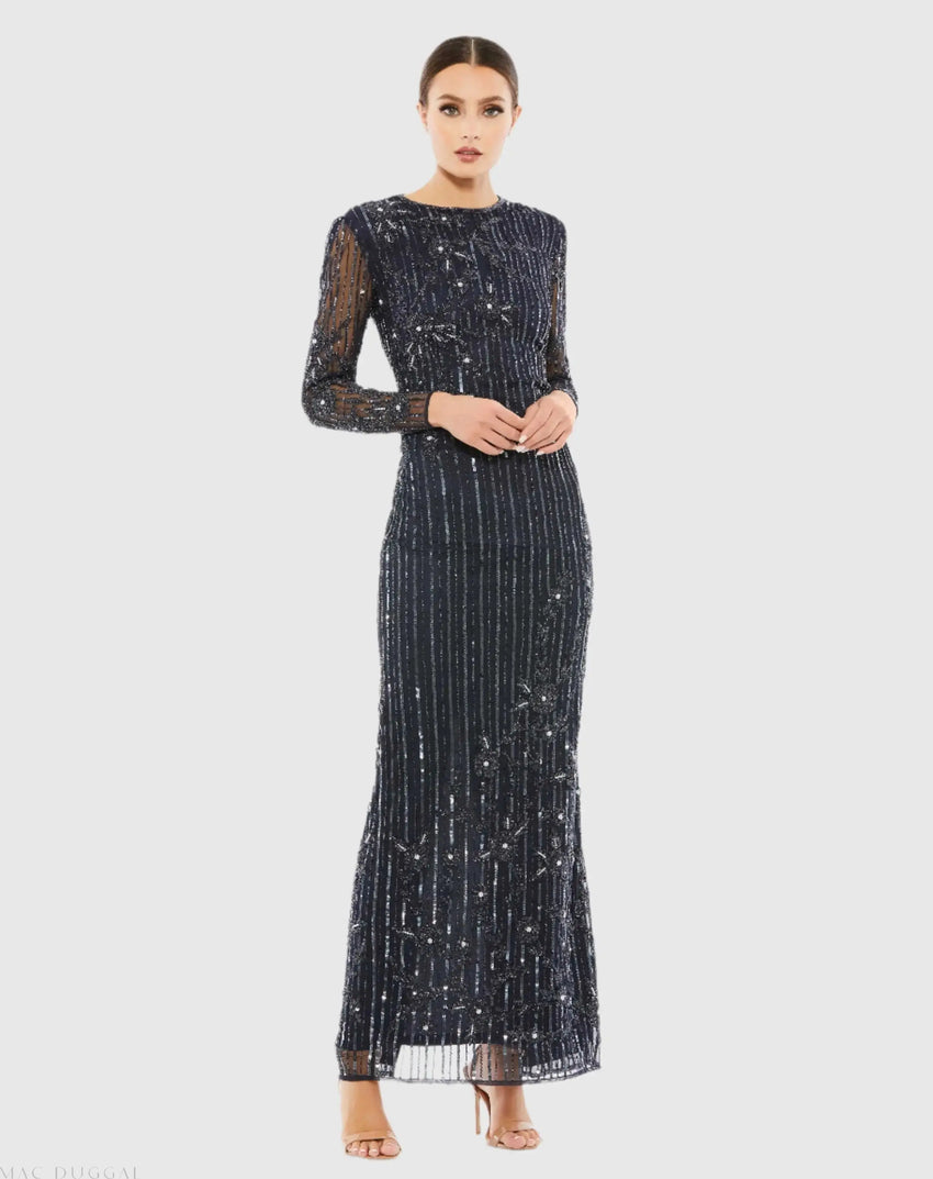 Navy Embellished High Neck Illusion Long Sleeve Gown