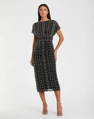 Black Beaded Cap Sleeve Empire Waist Sheath Midi Dress