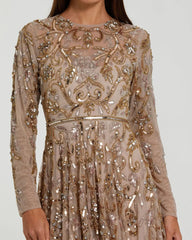 Beige Long Sleeve Hand Embellished Gown