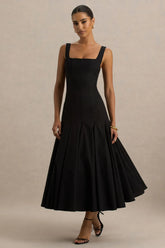 Magnolia | Black Scoop-Neck Midi Dress With Drop-Waist And Ruffling Detail