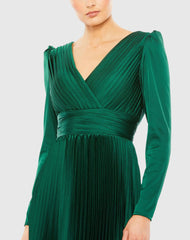 Green Pleated Long Sleeve V-Neck Gown