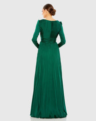 Green Pleated Long Sleeve V-Neck Gown