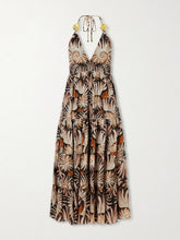 Embellished printed shirred tiered georgette halterneck midi dress