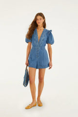 Denim Ruffled Puff Sleeve Romper